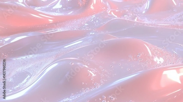 Fototapeta Abstract, smooth, flowing curves of a soft, pastel pink and light purple liquid, dotted with tiny bubbles