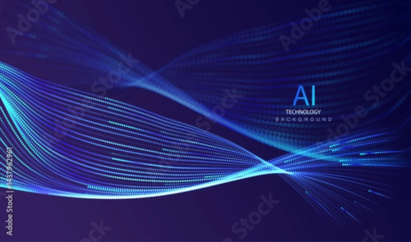 Fototapeta Technology Artificial Intelligence particles banner. Ai big data stream blue waves neon background. Futuristic network connect vector blurred design.