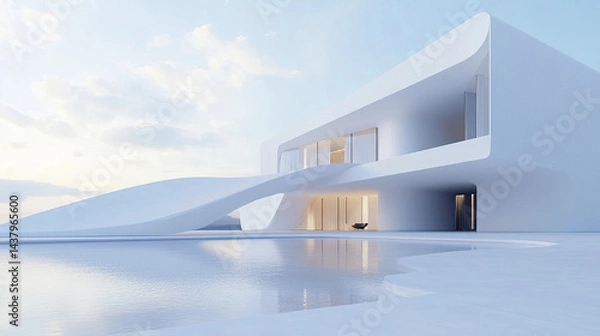 Fototapeta Elegant white villa with modern design concept, featuring clean lines and serene atmosphere