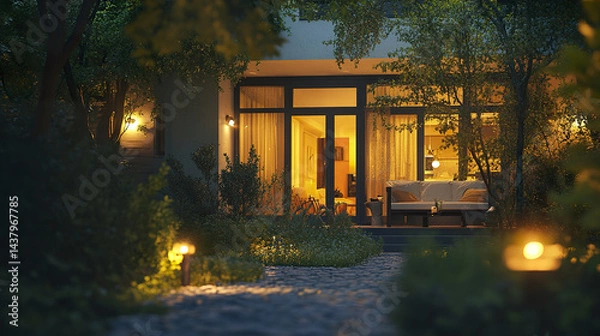 Fototapeta cozy evening view of stylish home with soft glowing lights, surrounded by greenery