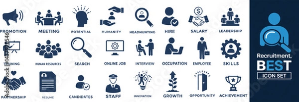 Fototapeta Recruitment Icon Set Collection A Comprehensive Set for HR, Job Search, Candidate Management, Staff, Skills, Resume, Employee, Occupation, Interview, Online Job, Training