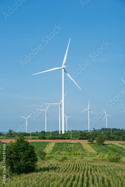 Fototapeta Electricity generating station, Wind turbines power generator in agricultural fields with the blue sky, Alternative Energy Windmill Farm