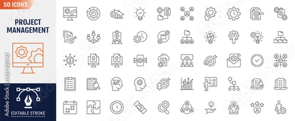 Fototapeta Project management line editable icon set. Containing Time management, planning, project, startup, marketing and more. Vector illustration