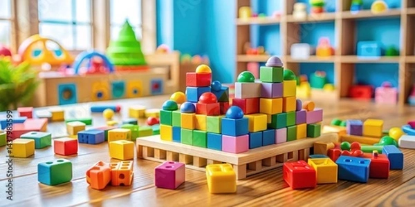 Obraz Colorful building blocks scattered on a table with wooden table and bright toys in background , educational toys, colorful blocks