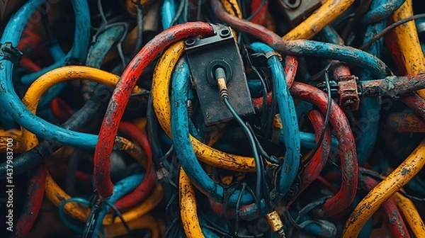 Fototapeta A chaotic tangle of colorful, weathered electrical wires and cables creates a complex, abstract texture with a small, worn electrical box and connector subtly present amongst the