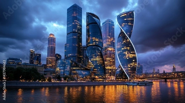 Obraz Night cityscape with modern skyscrapers illuminated along a river under a dramatic sky.