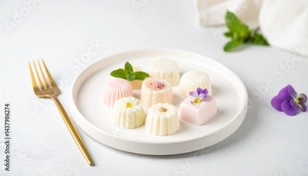 Fototapeta 美しいデザートのアソート、シンプルな皿の上