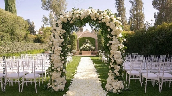 Obraz outside wedding aisle with white chairs on grass, a floral arch of white roses and greenery, framed by trees for a calm, romantic backdrop