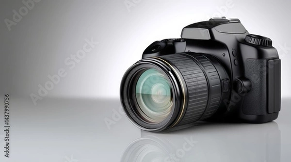 Fototapeta A close-up shot captures the intricate details of a polished camera lens with reflective surfaces, set against a smooth background ideal for promotional use