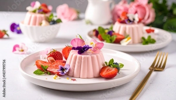 Fototapeta 美しいデザート、パンナコッタとエディブルフラワー
