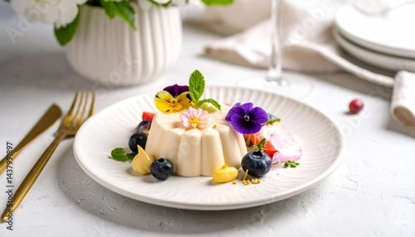 Fototapeta 美しいデザート、パンナコッタとエディブルフラワー