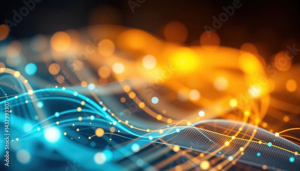 Fototapeta Glowing Network: vibrant abstract depiction of interconnected data streams flowing in blue and gold lights