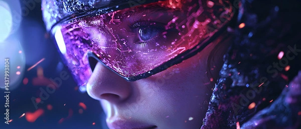 Fototapeta A futuristic cyberpunk style portrait with a woman wearing illuminated technology glasses. Consider for a sci-fi game or movie concept art poster.