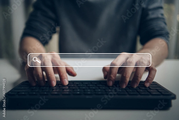 Obraz Search data and SEO technology, Hand typing on laptop keyboard searching for information on the website. Online networking system, Using Search Console with website