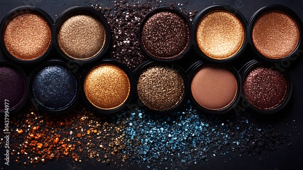 Fototapeta Brown eyeshadow palette with sparkling tones, symbolizing style and cosmetic trends