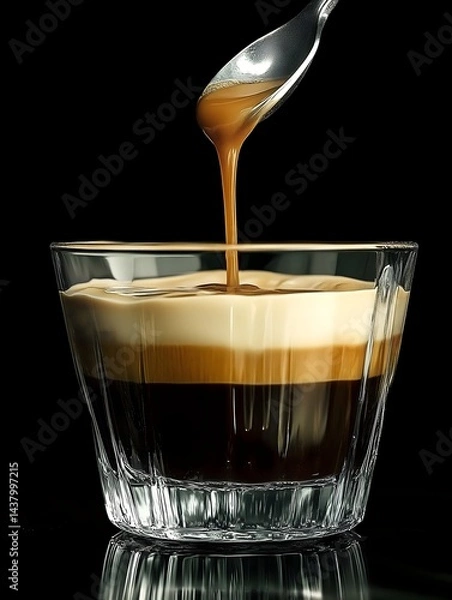Fototapeta A close-up of a Caramel Macchiato in a clear glass cup. You can see the layers of espresso, milk, and caramel being spooned on top. Perfect for coffee blogs, ads, and coffee drink related projects.