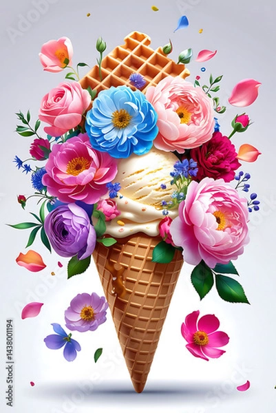 Fototapeta Colorful ice cream cone adorned with flowers creates a vibrant and artistic dessert display