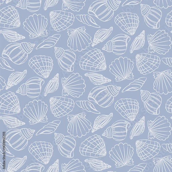 Obraz Seamless pattern with hand-drawn seashells on blue background. Simple white line art creates soft coastal feel. Ideal for textile, wrapping, or kids products