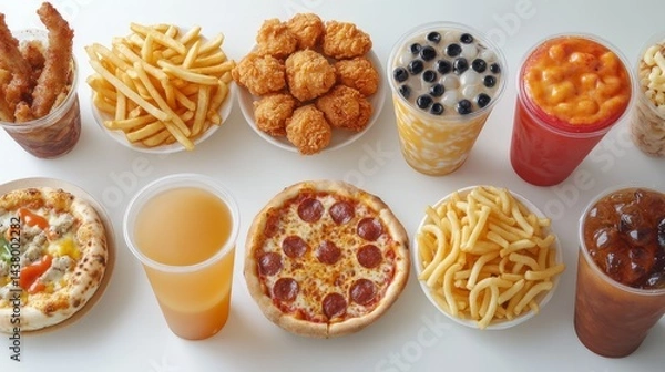 Obraz Overhead view of various unhealthy fast food items including pizza, fried chicken, french fries, and bubble tea.