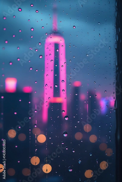 Fototapeta City skyline illuminated at night with neon lights and raindrops on a window