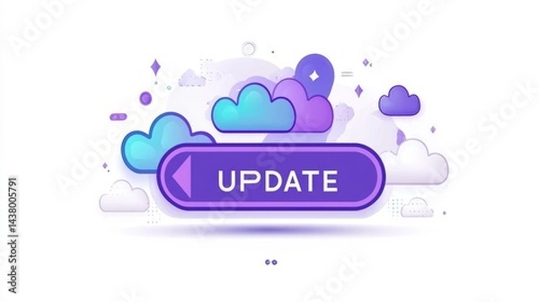 Obraz Purple button with "UPDATE" text surrounded by stylized clouds, signifying software or system updates.