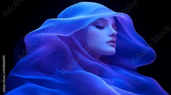 Obraz Serene Woman with Blue Veil, and Dark Background.