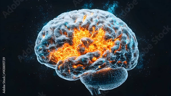 Fototapeta A glowing brain visualization showcasing neural activity. Suggests brain function research or medical presentations. Ideal for science educational content.