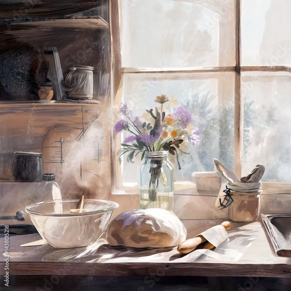 Obraz Watercolor illustration of a bright kitchen with a bowl of dough, a rolling pin, glass jars, and a bouquet of wildflowers on a sunny morning. Perfect for baking, cozy living, and spring themes