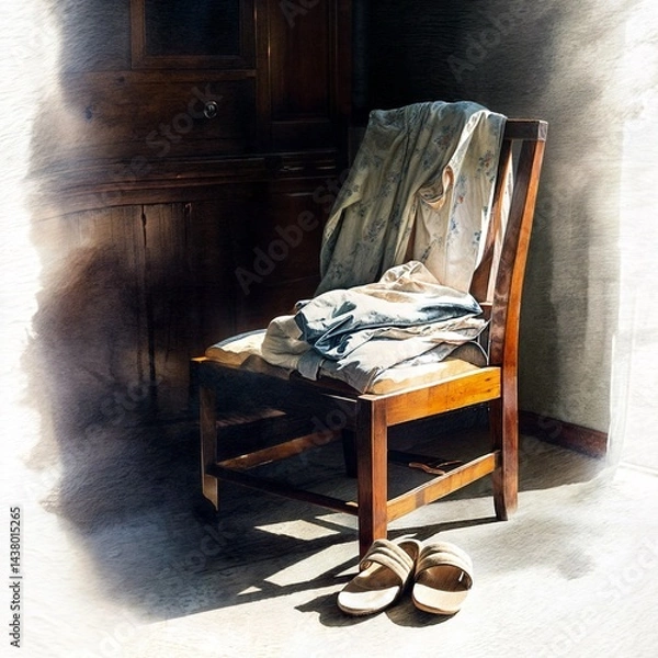 Obraz Watercolor-style illustration of a wooden chair with clothes draped over it and slippers on the floor, bathed in soft sunlight. Perfect for cozy home, minimalism, and lifestyle themes