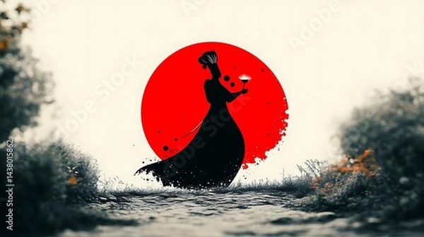 Obraz Silhouette Woman Red Sun Nature.