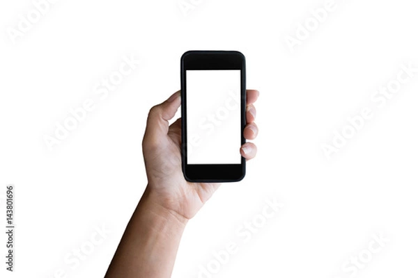 Fototapeta Man hand holding horizontal the black smartphone with blank screen, isolated on white background.