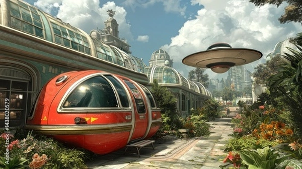 Fototapeta Retro Futuristic Pixel Art Scene with Gardens, Vehicles and Flying Saucer