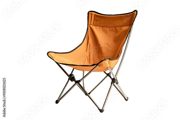 Fototapeta Portable folding camping chair orange isolated on cut out PNG or transparent background. Frame featuring modern design and comfortable fabric seat, displayed against. For outdoor adventures, picnics.