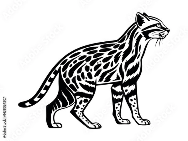 Fototapeta Stylized Ocelot Silhouette, Monochrome Ocelot Wildlife Drawing