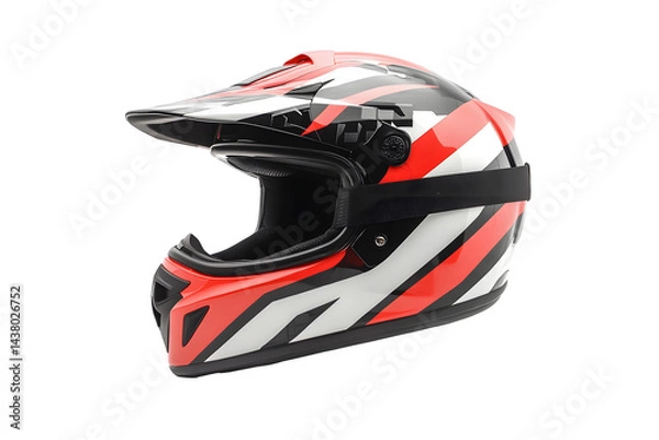 Obraz New modern racing helmet red and black white pattern for motor racing black glass mask isolated on cutout PNG or transparent background. Safety motorcycle accessories. Biker helmet safety driving.
