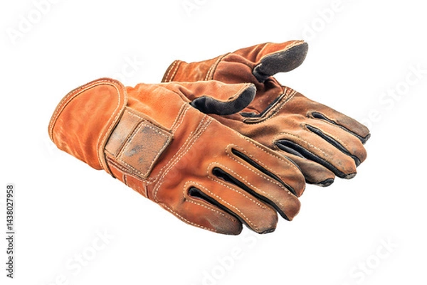 Fototapeta Old dirty leather protective gloves or work gloves yellow, orange isolated on cutout PNG or transparent background. Protect hands from danger while working. Protect your hands from accidents safety.