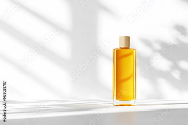 Fototapeta Vegetable oil or olive in small bottle plastic clear cylinder tall with white lid on white background. Design presentation, organic food for cooking. Packaging template filled. Copy space.