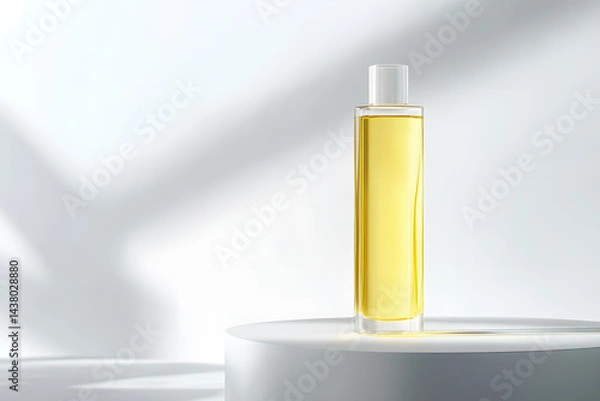 Fototapeta Vegetable oil or olive in bottle plastic clear tall with white lid on white background with natural light and shadow. Packaging template. Copy space. Design presentation, organic food for cooking.