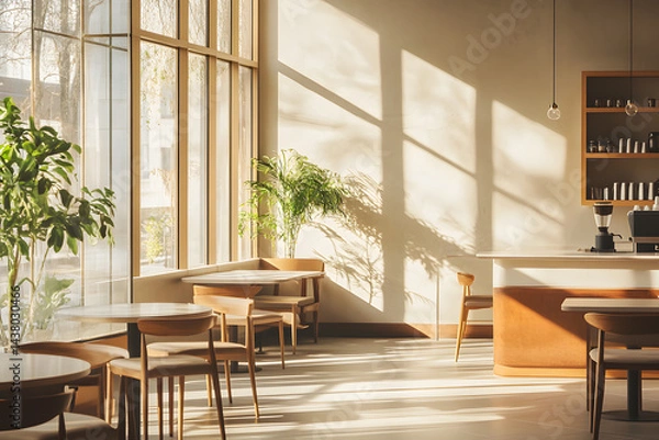 Fototapeta Coffee shop. Modern interior design of cafe with bar counter and tables. Decoration of space. Elegant furnishings chair, table. warm, soft morning sunlight streaming through windows.