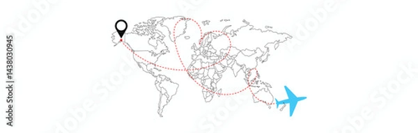 Fototapeta World map with airline routes. world map with icons of airplanes. Dotted line air path. Vector illustration