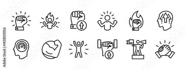 Fototapeta Willpower thin line icon set. Containing motivation, confident, human energy, determination, ambition, strong, leadership, hand power, together, spirit, passion. Vector illustration