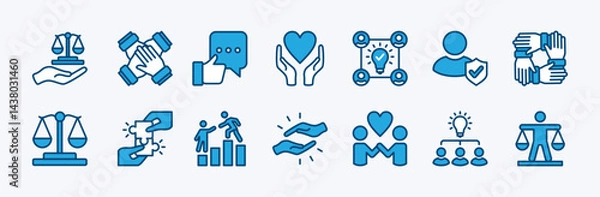Fototapeta Set of integrity icon. Contains behavior, action, trust, accurateness, honesty, truth, scale, help, human relationships, unity, sincere, trustworthy, responsible, consistent. Vector illustration