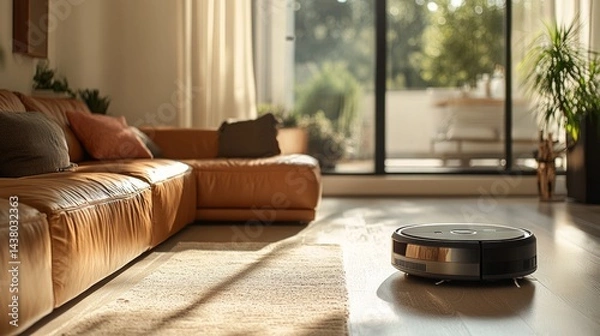 Obraz Robotic vacuum cleaner cleaning a modern living room with sunlight streaming through large windows and a leather couch.