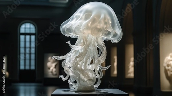 Fototapeta A stunning white marble sculpture of a delicate jellyfish, intricately carved with flowing tendrils and soft organic curves, set against a dark museum backdrop, illuminated by soft lighting.