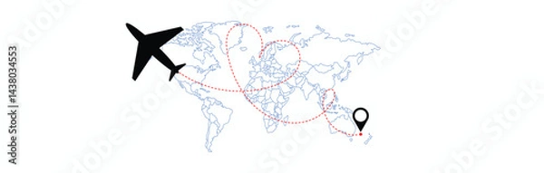 Fototapeta World map with airline routes. world map with icons of airplanes. Dotted line air path. Vector illustration