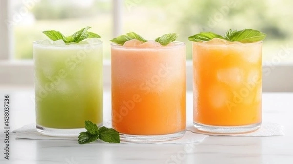 Fototapeta Refreshing fruit smoothies.  Three vibrant, chilled, blended fruit drinks, green, peach, and orange.  Garnished with fresh mint, perfect for a summer day