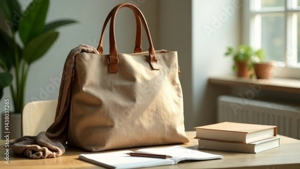 Fototapeta A beige canvas tote bag with leather handles rests on a wooden table, accompanied by a folded knitted scarf and a notepad with a pen, near a stack of books in soft natural light.