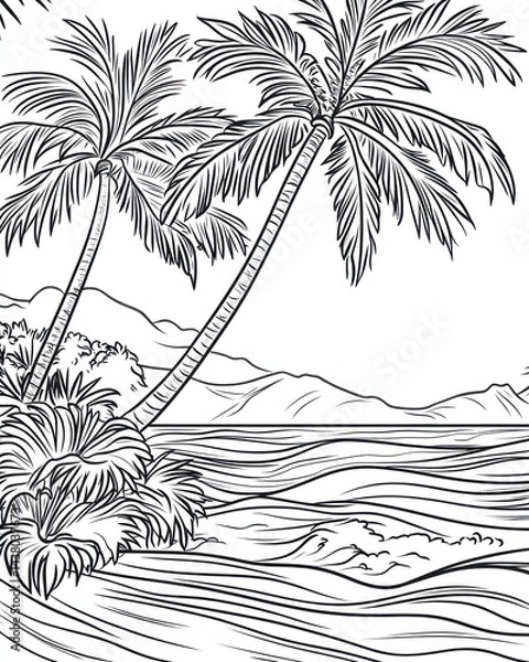 Fototapeta Tropical beach, palm trees, ocean waves, mountains background, coloring page