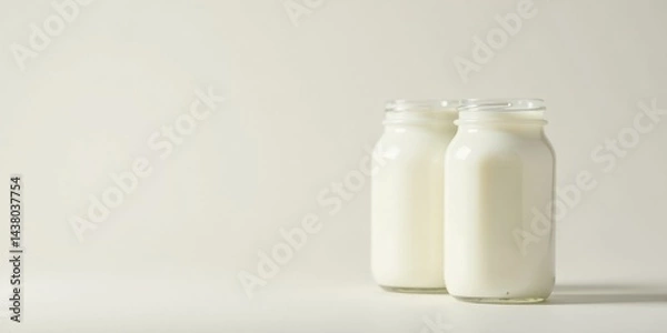 Fototapeta Two Glass Bottles Filled with Creamy Dairy Product on a White Background