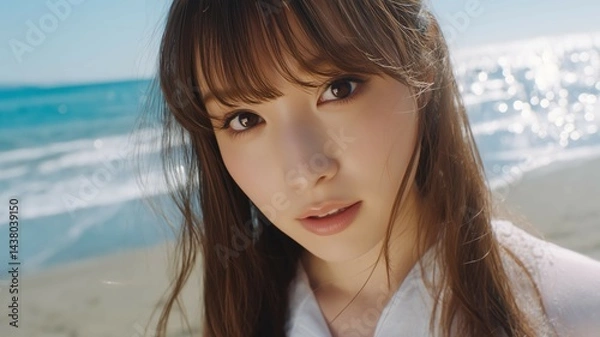 Obraz 海の背景と美女のポートレート